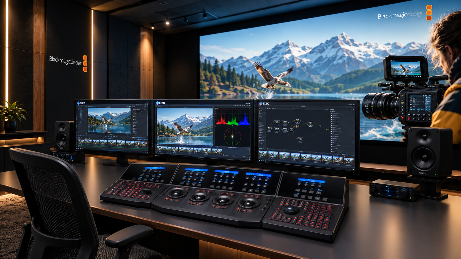 Post-production editing suite with color grading and audio timeline